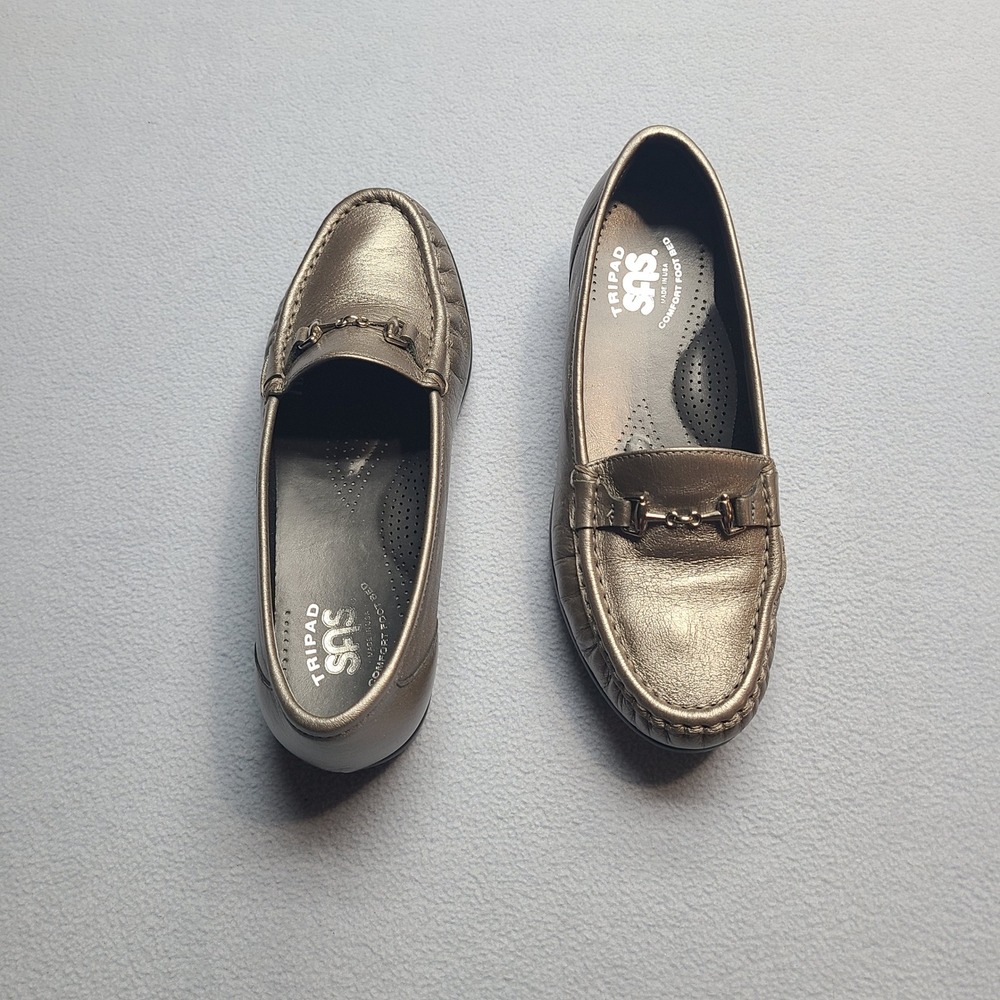 SAS Metro Loafers Womens 6 W Pewter Excellent Metallic Leather Bit Slip On Shoes